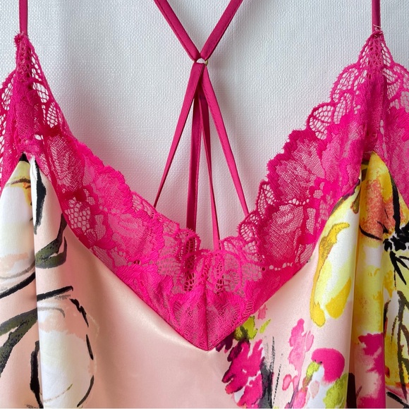 Cacique Satin + Lace Strappy Negligee Babydoll Nightie Floral Pink Yellow 18/20 - Picture 3 of 13